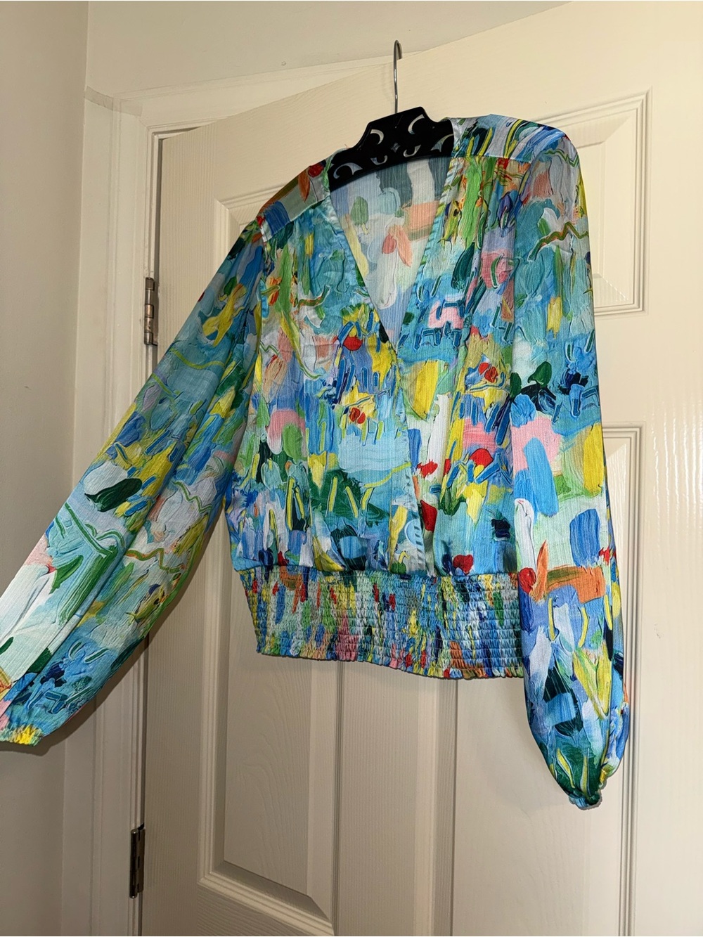 V-Neck Smocked Waist Floral Blouse - Blue Multi